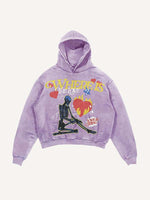 Distressed Washed Skeleton&Letter&Heart Print Slant Pockets Hoodie