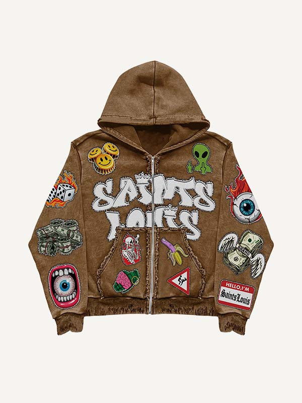 Smiley Face&Alien&Skeleton&Money&Wing&Eyeball&Letter&Graphic Faux Decal Print Zip Up Hooded Coat