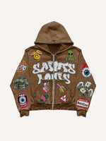 Smiley Face&Alien&Skeleton&Money&Wing&Eyeball&Letter&Graphic Faux Decal Print Zip Up Hooded Coat