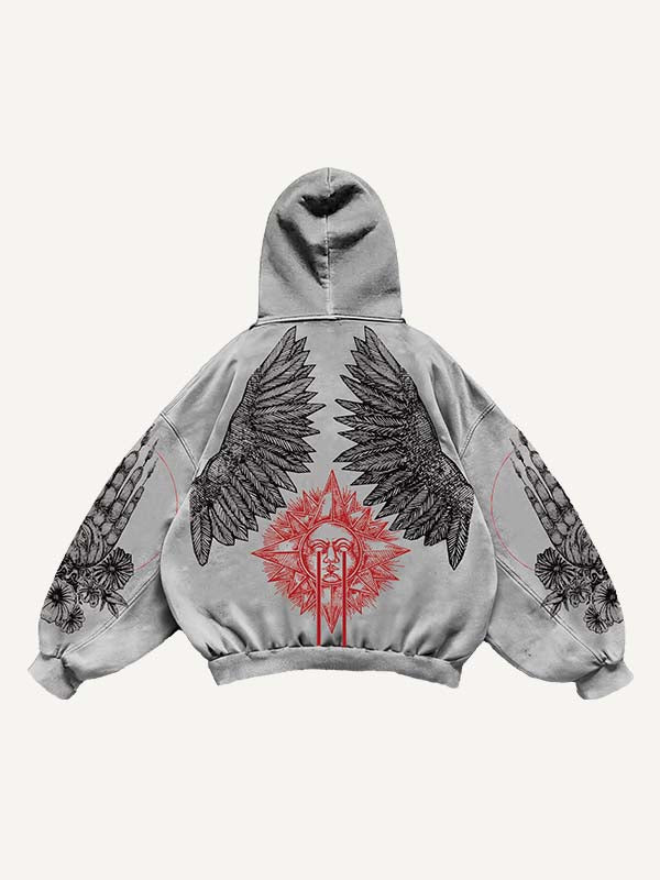 Sun&Moon&Wing&Eye&Palm Print Slant Pockets Hoodie