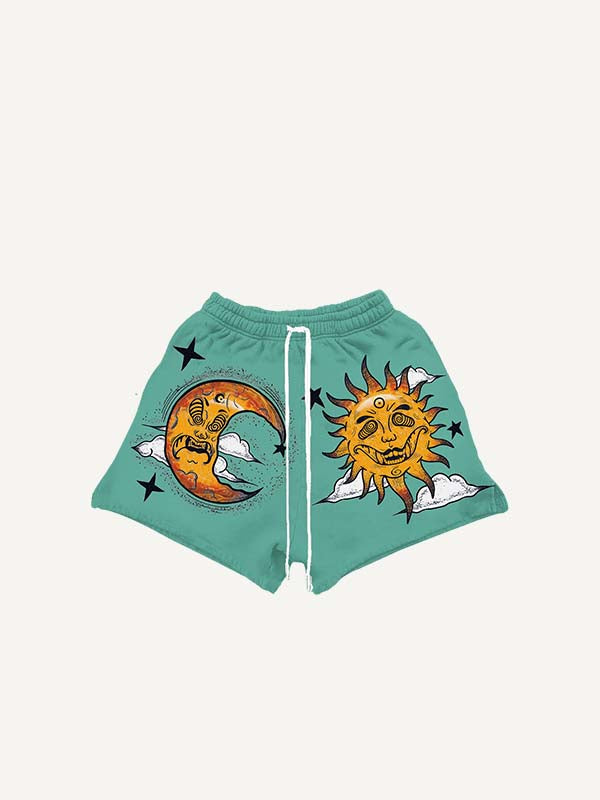 Evil Sun&Moon&Eye&Graphic Print Drawstring Waist Shorts