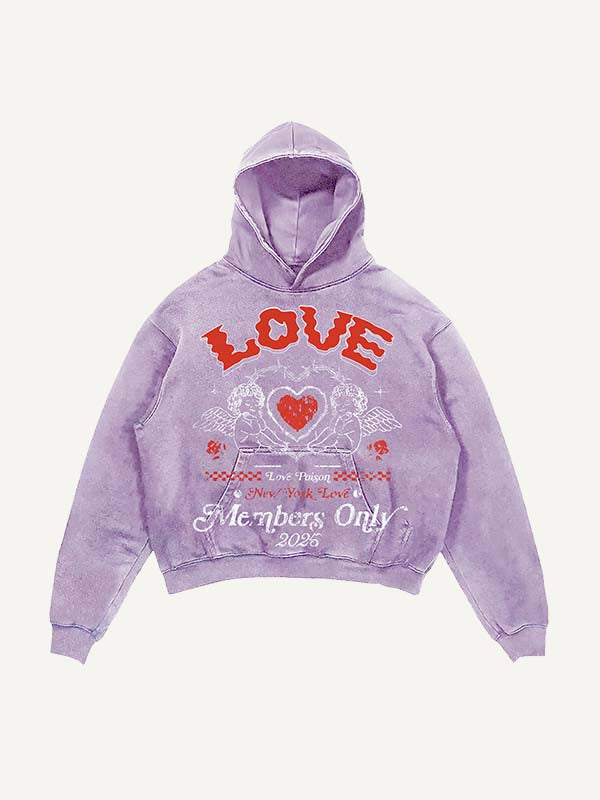 Distressed Washed Cupid&Heart&Letter Print Slant Pockets Hoodie