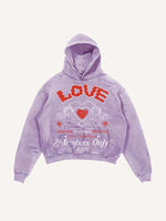 Distressed Washed Cupid&Heart&Letter Print Slant Pockets Hoodie