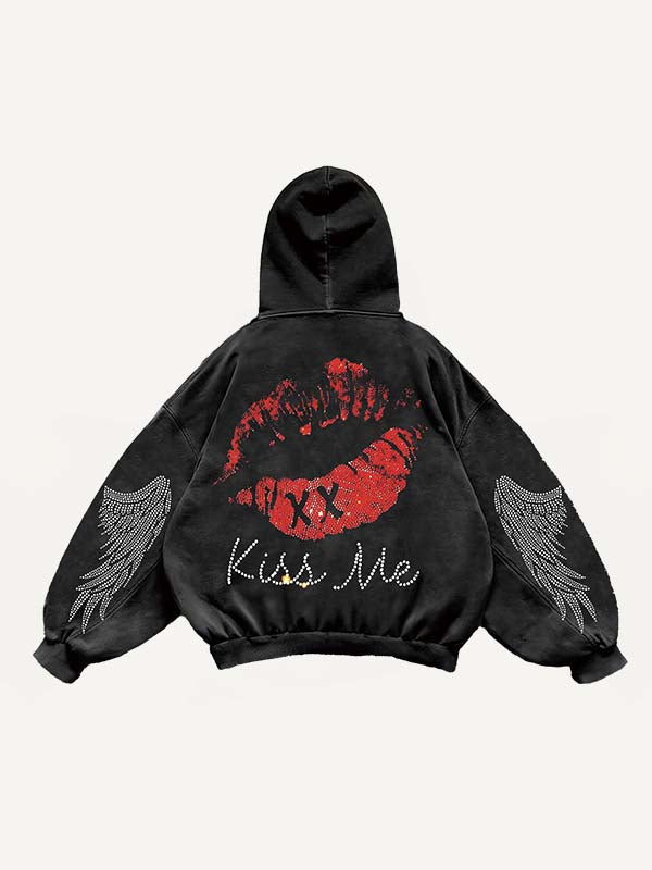 Skull&Wing Faux Rhinestones Print Slant Pockets Hoodie