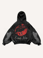 Skull&Wing Faux Rhinestones Print Slant Pockets Hoodie