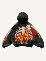 Fire&Skeleton Faux Decal Print Slant Pockets Hoodie