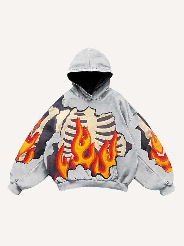 Fire&Skeleton Faux Decal Print Slant Pockets Hoodie