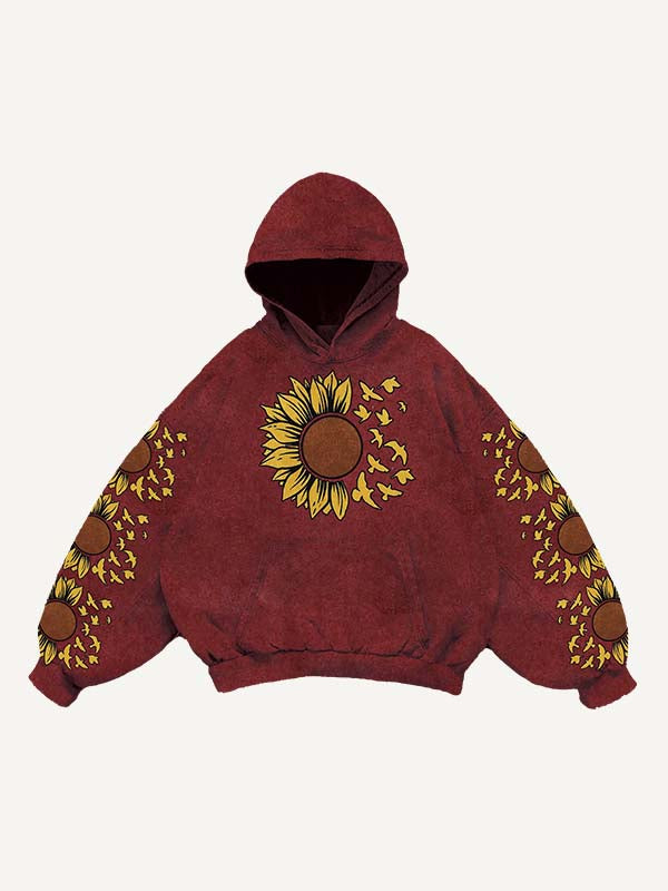Floral&Pigeon Print Slant Pockets Hoodie