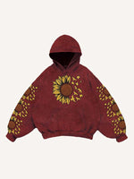Floral&Pigeon Print Slant Pockets Hoodie