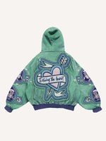 Heart&Sword&Arrow&Skeleton&Letter&Fire Faux Rhinestones Print Faux Decal Print Slant Pockets Hoodie