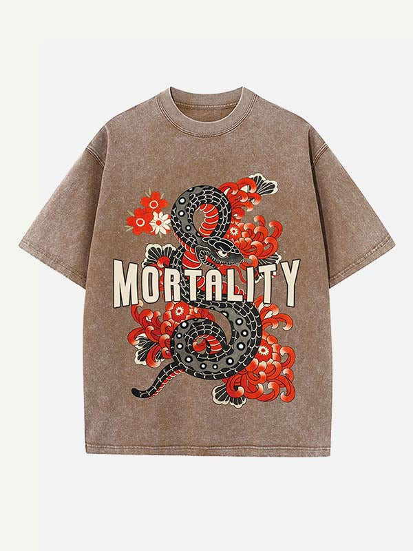 Distressed Washed Snake&Floral&Letter Print Round Neck T-shirt