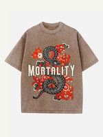 Distressed Washed Snake&Floral&Letter Print Round Neck T-shirt