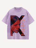 Distressed Washed Figure&Letter Print Round Neck T-shirt