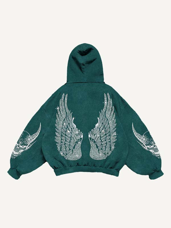 Demon&Wing&Letter Faux Decal Print Slant Pockets Hoodie