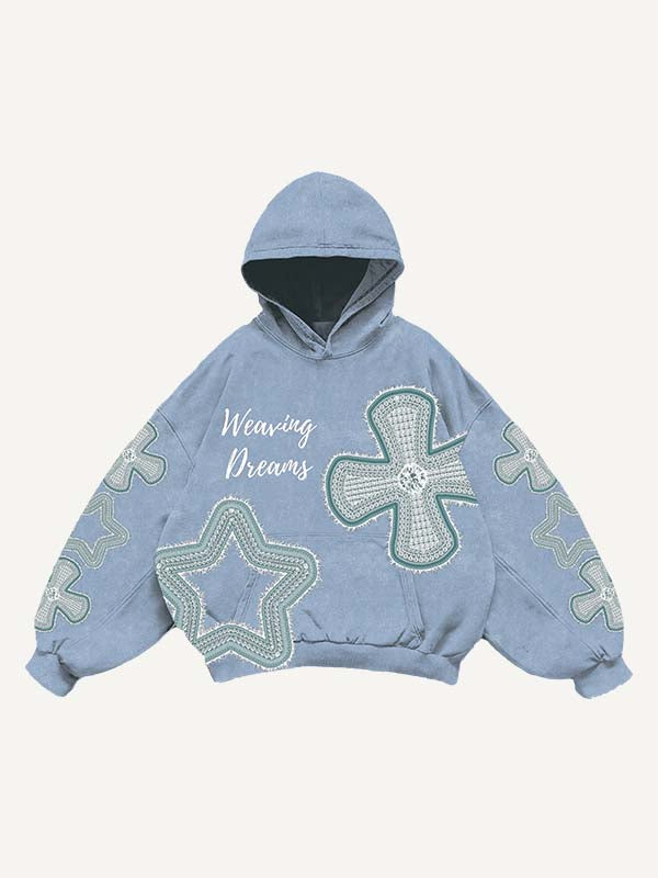 Cross&Star Faux Decal Faux Rhinestones Print Slant Pockets Hoodie