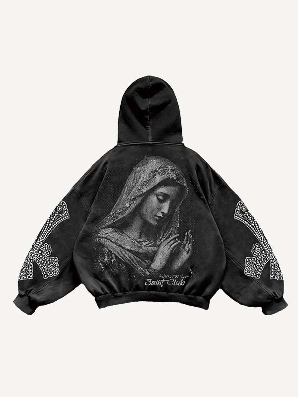 Mary&Pray&Cross&Letter Faux Rhinestones Print Slant Pockets Hoodie