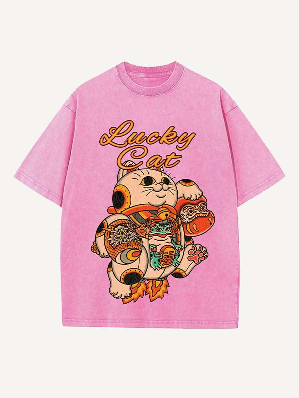 Distressed Washed Cat&Dragon&Animal&Graphic Print Round Neck T-shirt