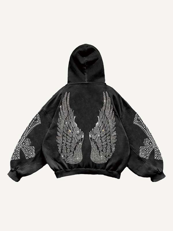 Skull&Wing&Cross Faux Rhinestones Print Slant Pockets Hoodie
