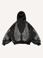 Skull&Wing&Cross Faux Rhinestones Print Slant Pockets Hoodie
