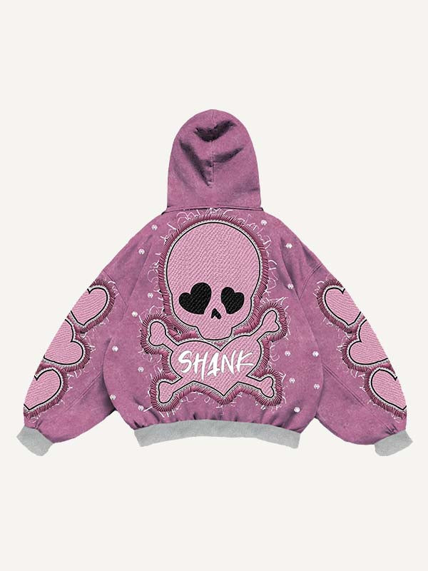 Skull&Heart&Letter Faux Rhinestones Print Faux Decal Print Slant Pockets Hoodie