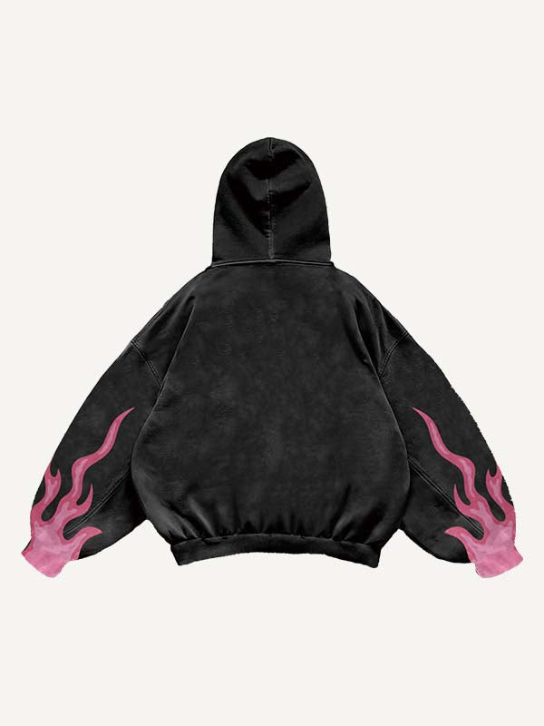Pink Fire Skeleton Print Slant Pockets Hoodie