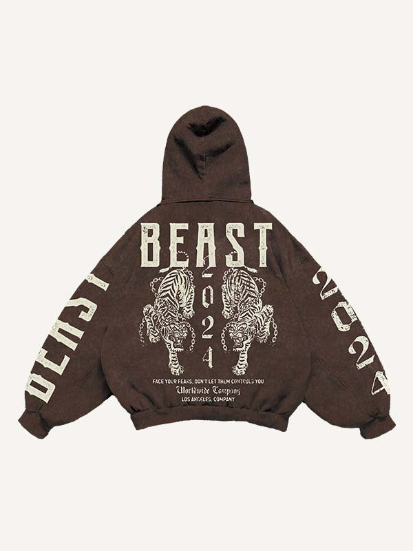 Tiger&Letter Print Slant Pockets Hoodie