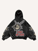 Mouth&Eye&Letter Faux Decal Print Slant Pockets Hoodie