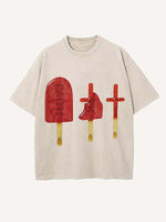Distressed Washed Figure&Cross&Ice Cream&Letter Print Round Neck T-shirt