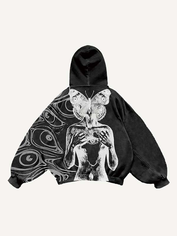Figure&Eye&Butterfly Print Slant Pockets Hoodie