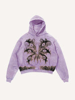 Distressed Washed Wing&Eye&Graphic Print Slant Pockets Hoodie