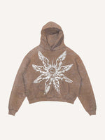 Distressed Washed Eye&Wing Print Slant Pockets Hoodie