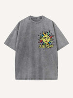 Distressed Washed Sun&Letter Print Round Neck T-shirt