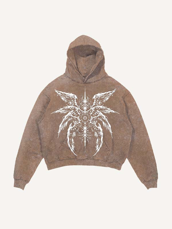 Distressed Washed Eye&Wing Print Slant Pockets Hoodie