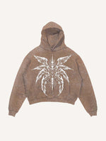 Distressed Washed Eye&Wing Print Slant Pockets Hoodie