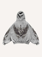 Figure&Wing&Heart&Sword Print Slant Pockets Hoodie