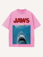Distressed Washed Figure&Shark&Letter Print Round Neck T-shirt