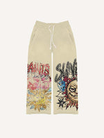 Evil Sun&Skull&Letter Print Elastic Waist Pants
