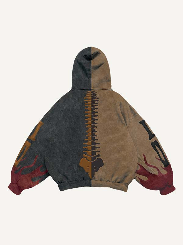 Colorblock Skeleton Print Slant Pockets Hoodie