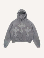 Distressed Washed Wing&Cross Faux Rhinestones Print Slant Pockets Hoodie
