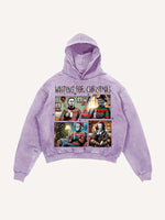 Distressed Washed Christmas Horror Print Slant Pockets Hoodie