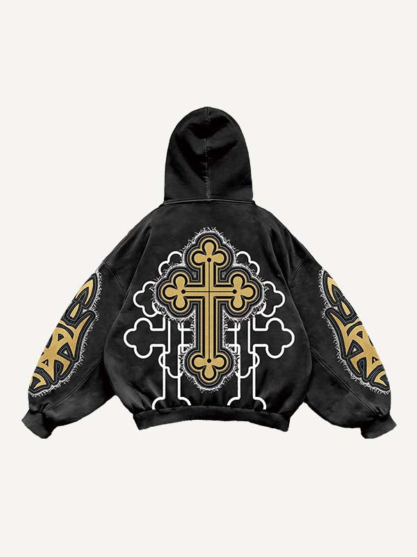 Cross&Letter&Graphic Faux Decal Print Slant Pockets Hoodie