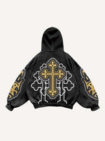 Cross&Letter&Graphic Faux Decal Print Slant Pockets Hoodie