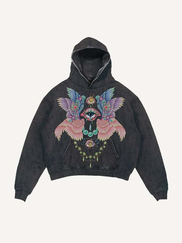 Distressed Washed Eye&Wing Print Slant Pockets Hoodie
