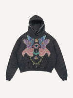 Distressed Washed Eye&Wing Print Slant Pockets Hoodie