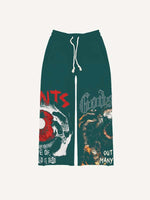 Eye&Palm&Letter Faux Rhinestones Print Elastic Waist Pants