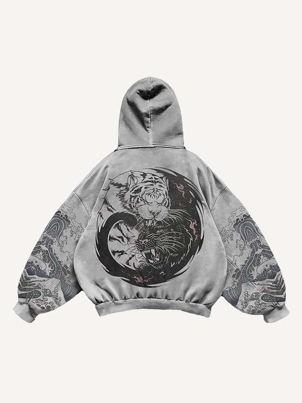 Black Panther&Tiger&Graphic Print Slant Pockets Hoodie