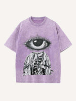 Distressed Washed Figure&Eye&Fire&Graphic Print Round Neck T-shirt