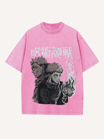 Distressed Washed Figure&Graphic&Fire Print Round Neck T-shirt