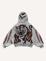 Claw Marks&Tiger&Letter Print Slant Pockets Hoodie