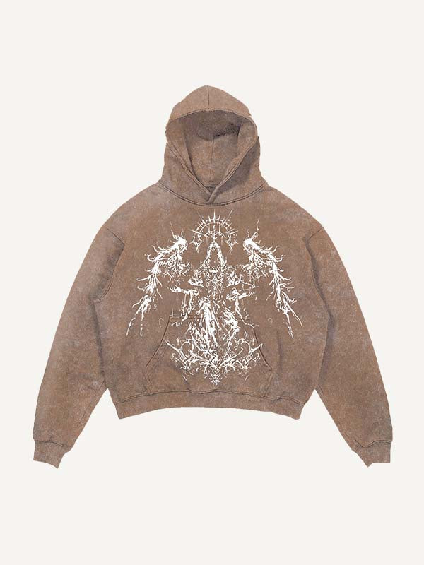 Distressed Washed Angel Figure&Wing Print Slant Pockets Hoodie